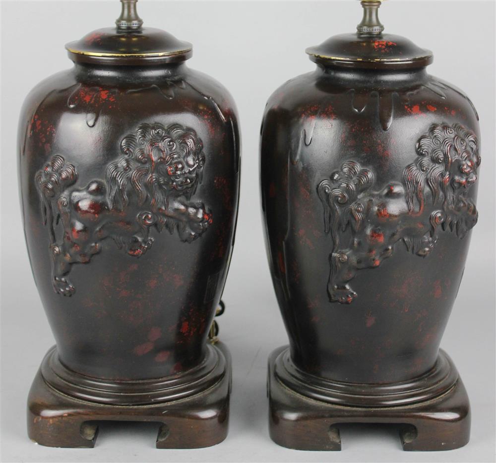 Appraisal: PAIR OF JAPANESE PATINATED BRONZE JARS NOW FITTED AS TABLE