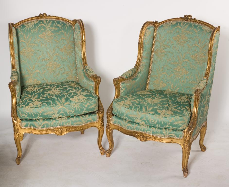 Appraisal: GOOD PAIR OF LOUIS XV STYLE GILTWOOD BERGERE WING CHAIRS