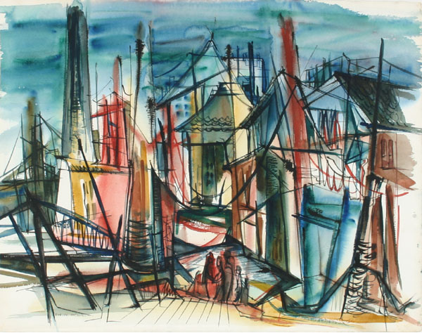 Appraisal: Evelyn McConnell abstract city harbor watercolor on paper x signed