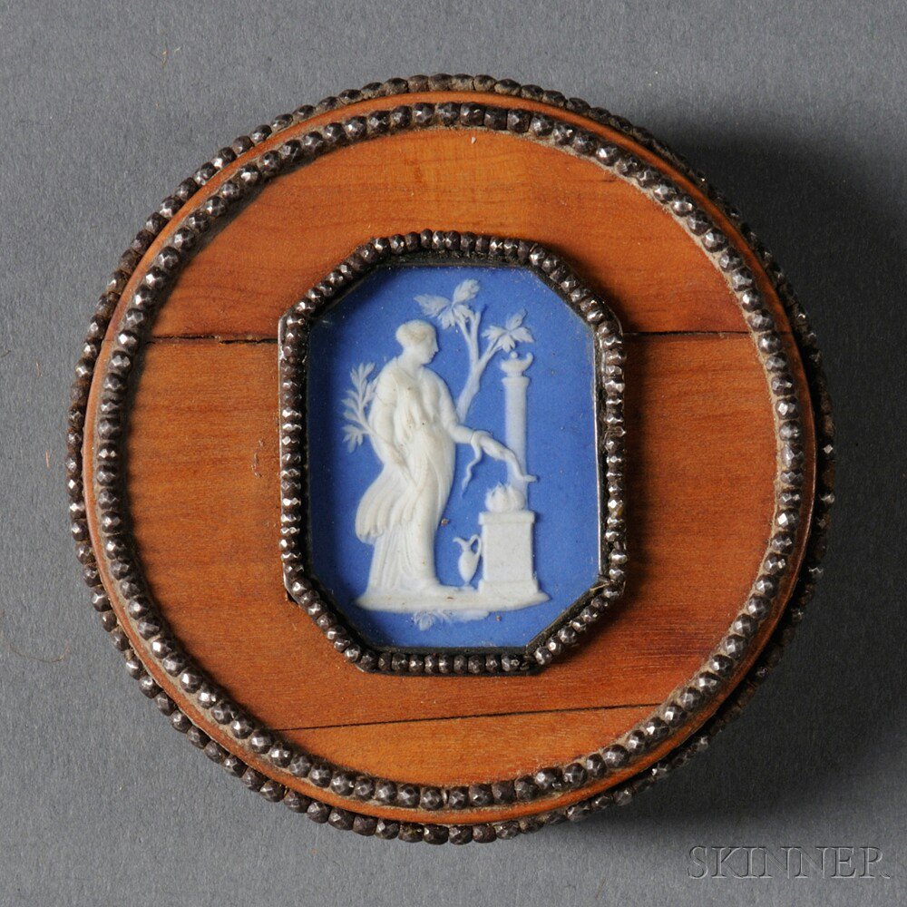 Appraisal: Wedgwood-mounted Cut-steel and Fruitwood Patch Box England c the circular