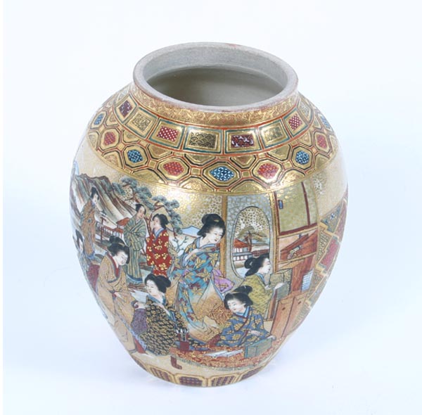 Appraisal: Satsuma vase heavily decorated with geisha girls and interwoven geometrics