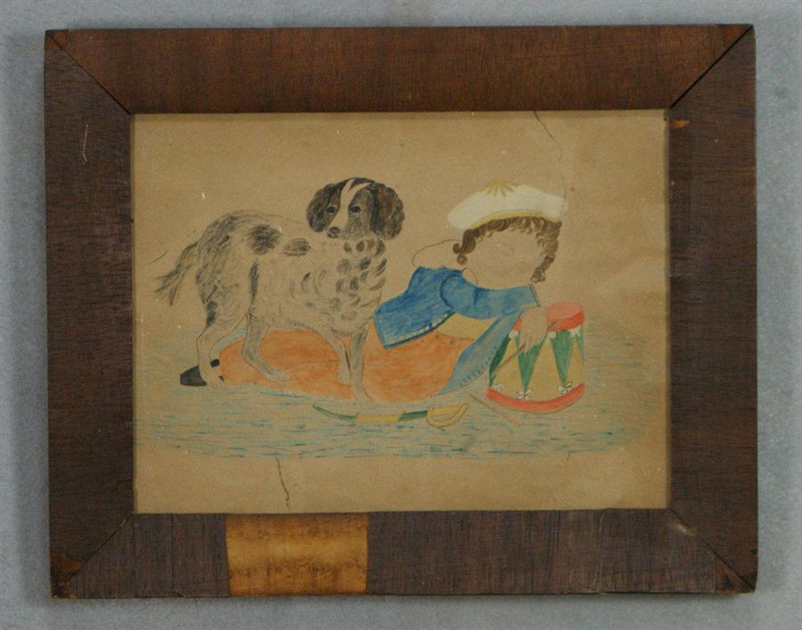 Appraisal: Folk art watercolor sleeping boy with dog sword and drum