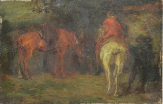 Appraisal: Signed th C Oil on Wood Panel Figures o Horseback