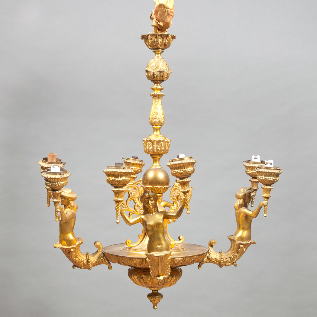 Appraisal: Empire Style Gilt-Metal Eight-Light Chandelier th Century The multi-tiered column