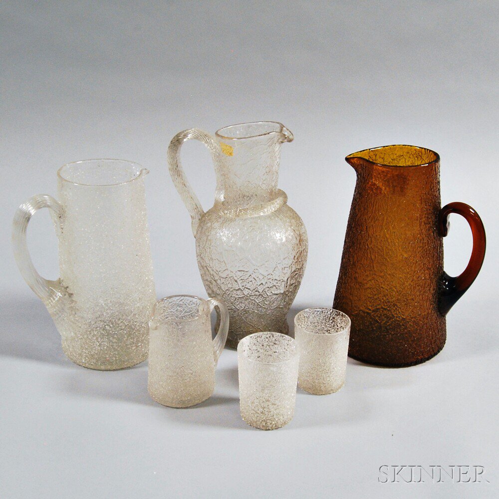 Appraisal: Six Overshot Glass Items th century three pitchers two tankard-style