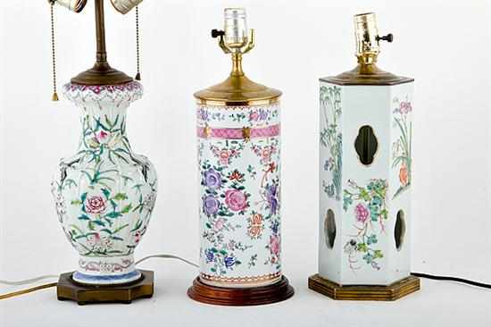 Appraisal: Chinese Export porcelain vessels converted to lamps famille rose paneled