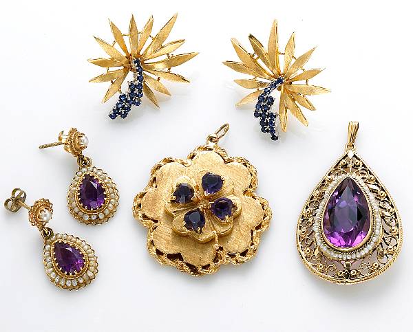 Appraisal: A collection of four amethyst seed pearl sapphire k and