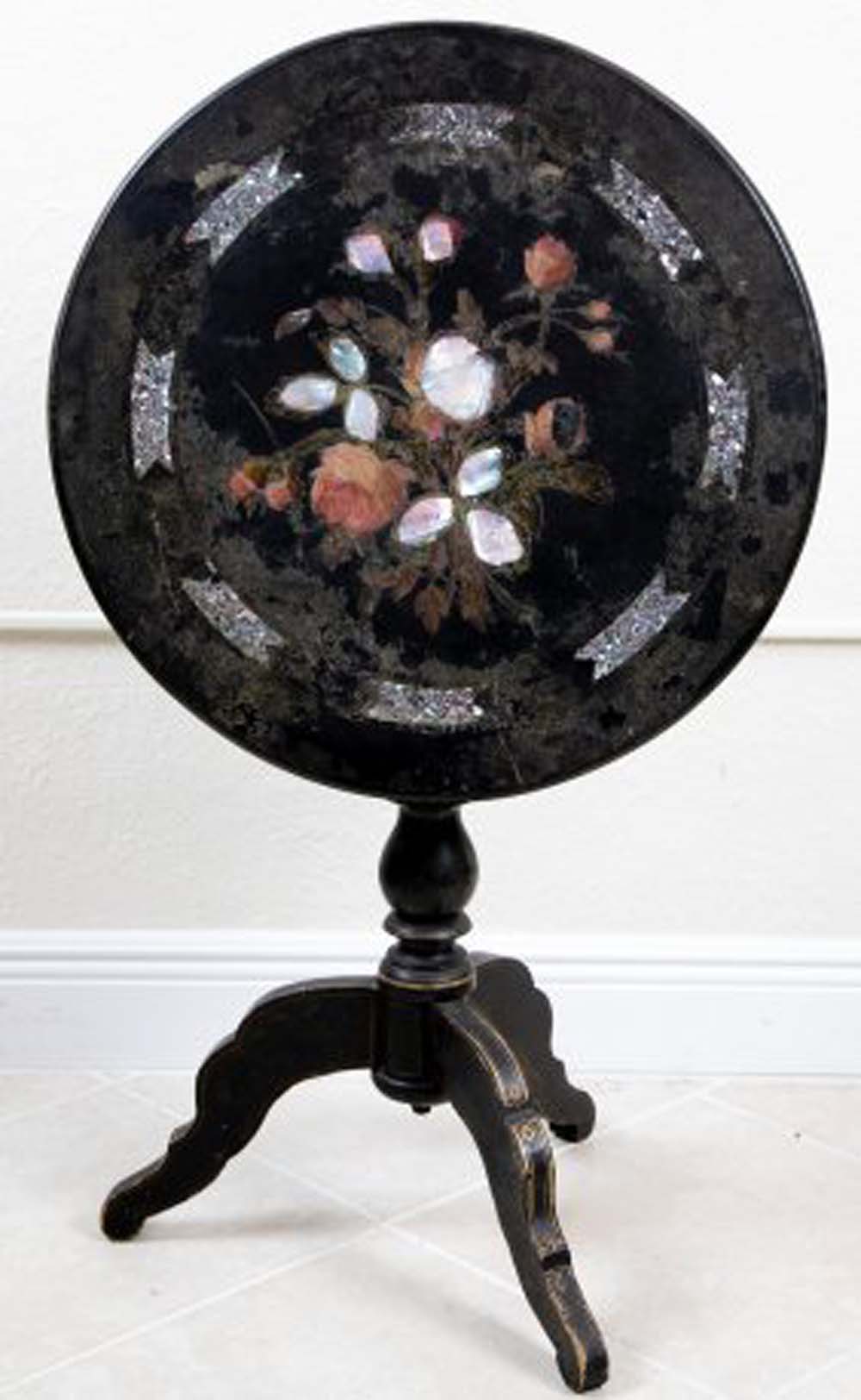 Appraisal: VICTORIAN BLACK LACQUER TILT-TOP TABLECirca The circular top inlaid with