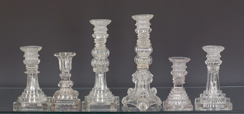 Appraisal: Six New England colorless glass candlesticks ca tallest - h