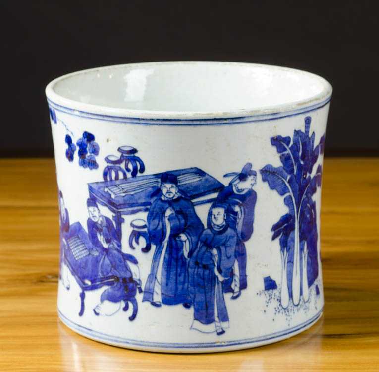 Appraisal: CHINESE PORCELAIN BLUE AND WHITE BRUSH POT hand enameled scene