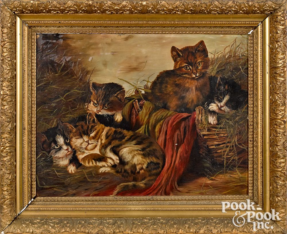 Appraisal: American oil on board of five cats late th c