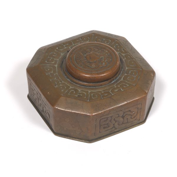 Appraisal: TIFFANY STUDIOS BRONZE INKWELL ZODIAC PATTERN x x Octagonal bronze