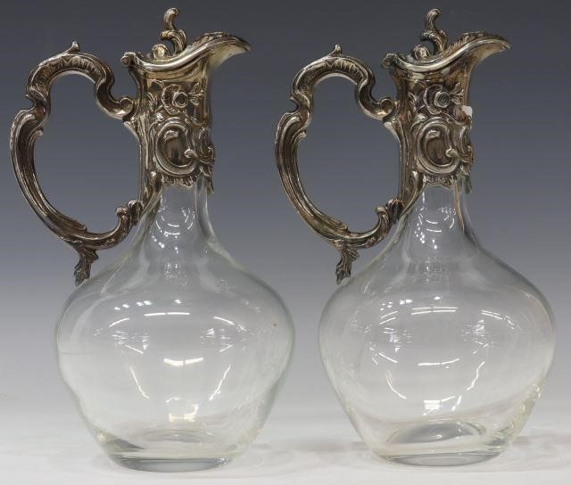 Appraisal: pair French silverplate-mounted glass claret jugs wine ewers early th