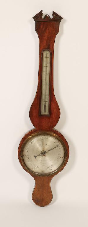 Appraisal: A GEORGE III MAHOGANY WHEEL BAROMETER the shaped case with