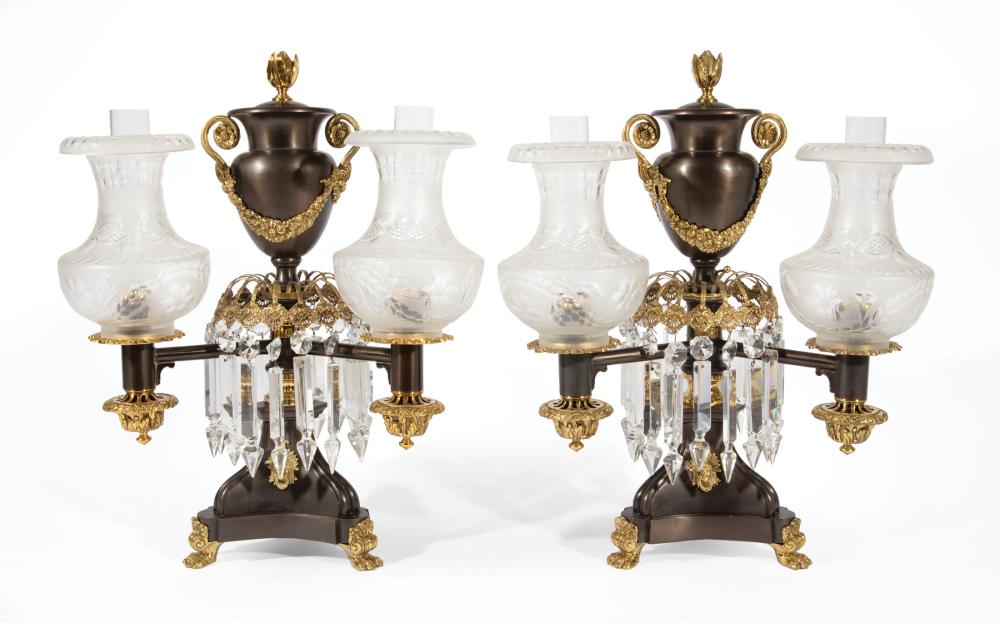 Appraisal: Pair of American Gilt and Patinated Bronze Two-Light Argand Lamps