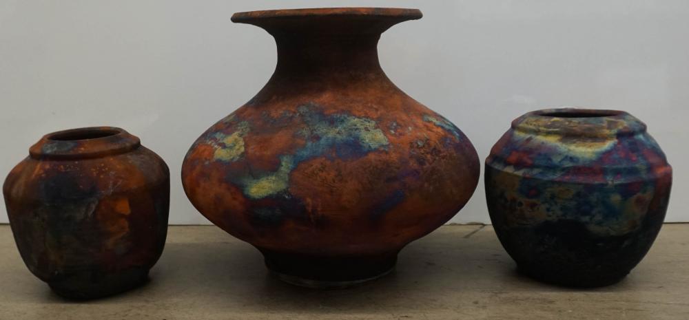 Appraisal: THREE CONTEMPORARY POTTERY VASES SIGNED BLUBARN ON BASE H OF