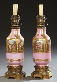 Appraisal: Pair of Handsome Paris Porcelain and Gilt-Bronze Moderator Lamps late