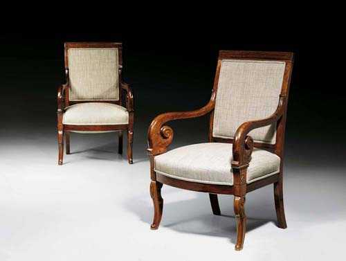 Appraisal: PAIR OF MAHOGANY FAUTEUILS Restauration Paris th century Carved with