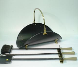 Appraisal: Steel Brass Fireplace Tools Log Holder The poker broom and