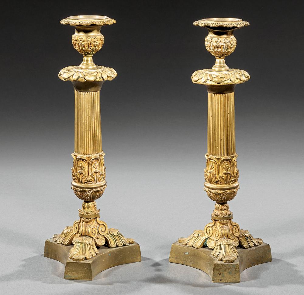 Appraisal: Pair of American Classical Brass Candlesticks th c foliate and