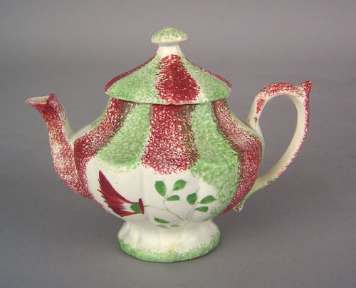 Appraisal: Miniature green and red rainbow spatter teapot th c with