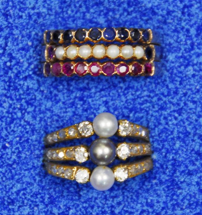 Appraisal: TWO YELLOW GOLD PEARL AND GEM SET RINGS