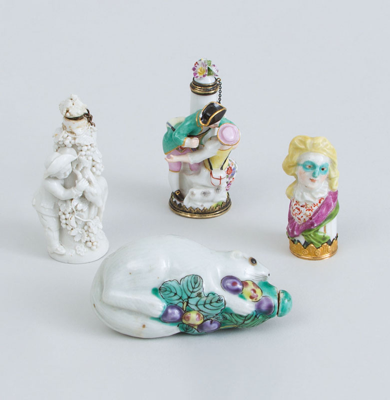 Appraisal: TWO CHELSEA-TYPE PORCELAIN FIGURAL SCENT BOTTLES AN ETUI LID AND