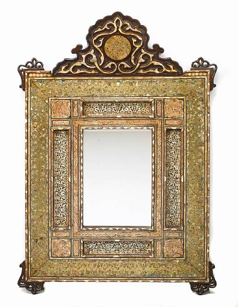 Appraisal: A Levantine brass shell and bone mounted marquetry mirror The