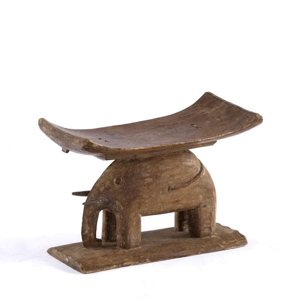 Appraisal: ASHANTI CARVED WOOD STOOL GHANA Elephant pedestal and curved seat