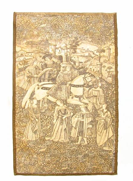 Appraisal: A Continental Medieval style metal threaded silk wall hanging size