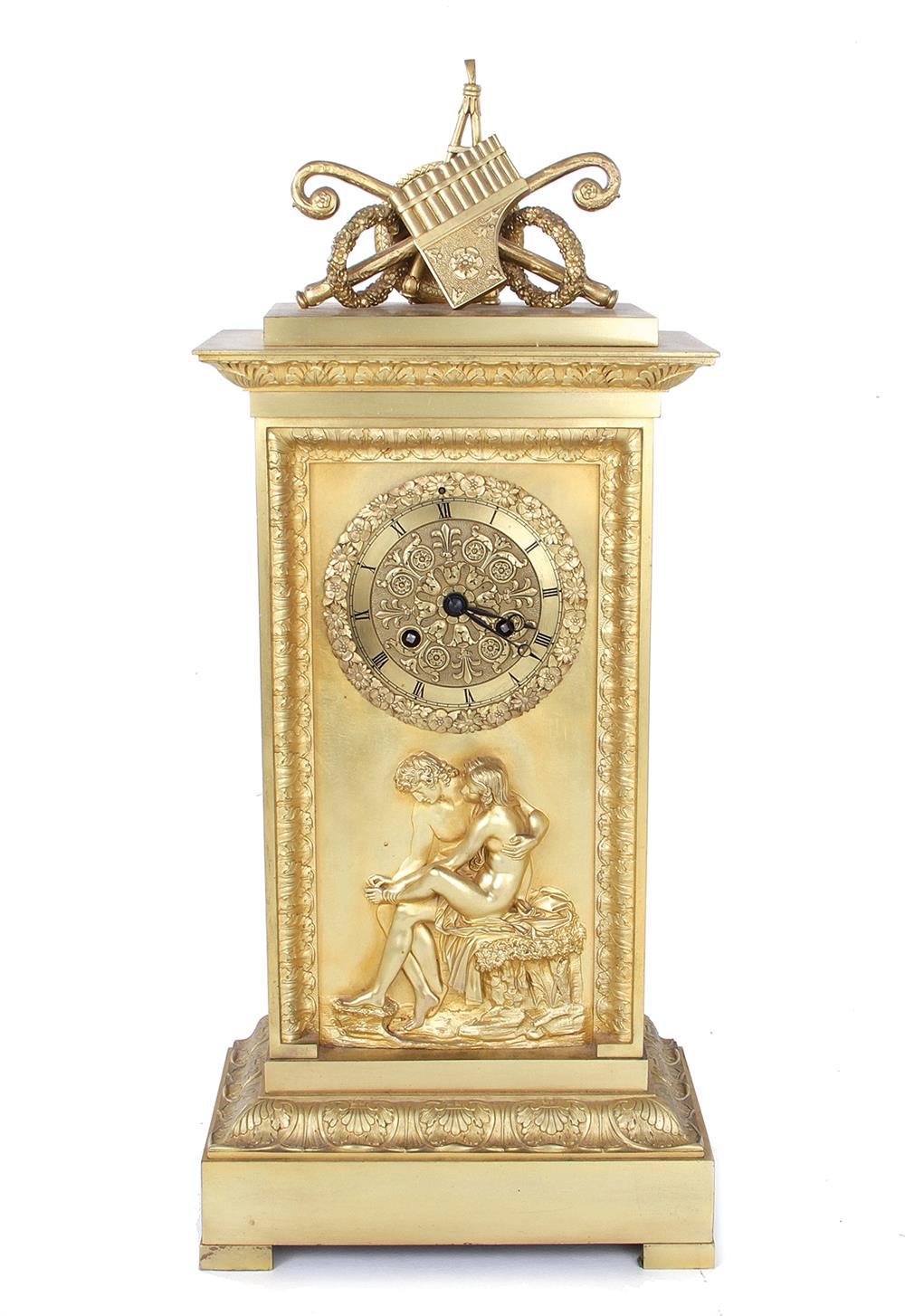 Appraisal: French ormolu clock th century musical trophy vignette atop Classical