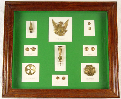 Appraisal: FRAMED COLLECTION OF INDIAN WARS HELMET HARDWARE To include Eagle