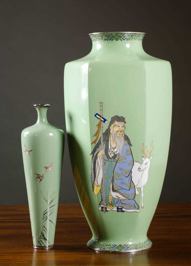 Appraisal: TWO JAPANESE CLOISONNE VASES the larger having six sides and