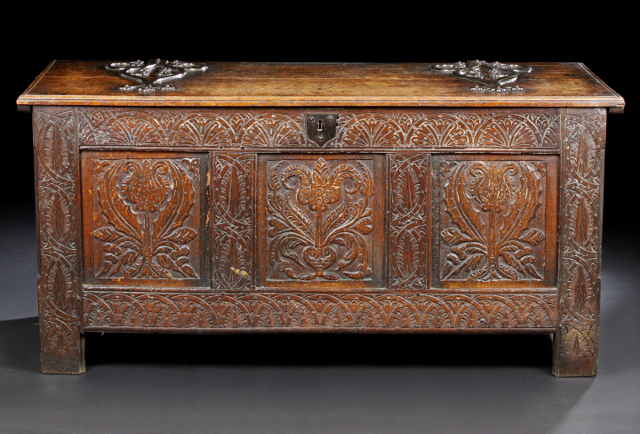 Appraisal: English Oak Coffer late th century the hinged rectangular top