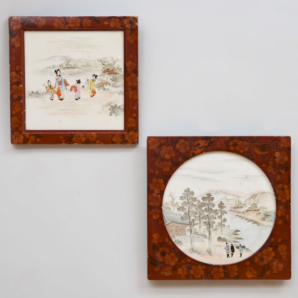 Appraisal: Two Japanese Porcelain Plaques in Lacquer Frames The larger x