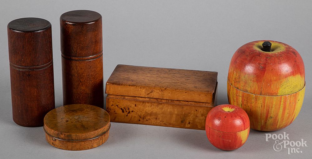 Appraisal: Group of woodenware Group of woodenware to include an apple