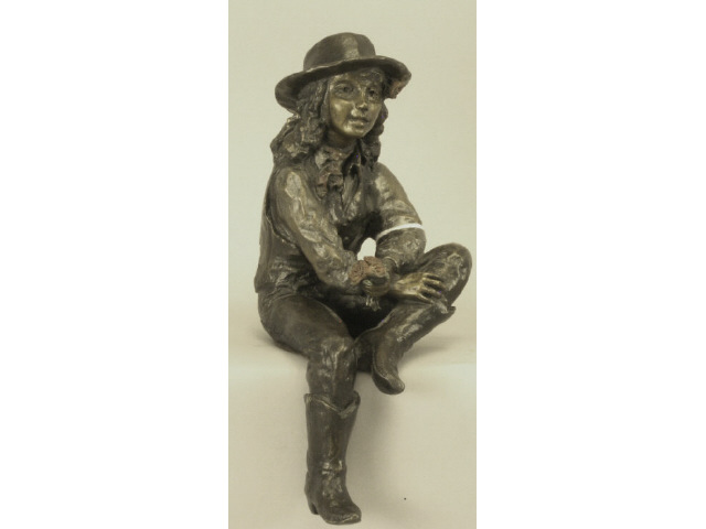 Appraisal: Nicely done bronze sculpture of a young cowgirl seated signed