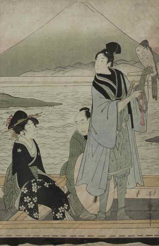 Appraisal: JAPANESE WOODBLOCK DEPICTING FIGURES IN A BOAT AND FALCON Sight