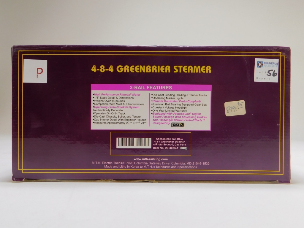 Appraisal: MTH CHESAPEAKE OHIO GREENBRIER STEAMER TRAIN Item no - -