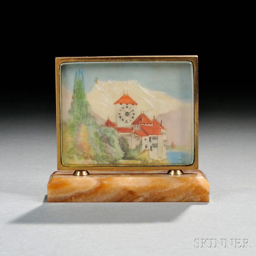 Appraisal: Continental Handpainted Alps Boudoir Clock th century brass-framed rectangular panel