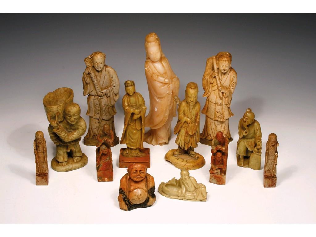 Appraisal: A COLLECTION OF CHINESE CARVED SOAPSTONE FIGURES of sages and