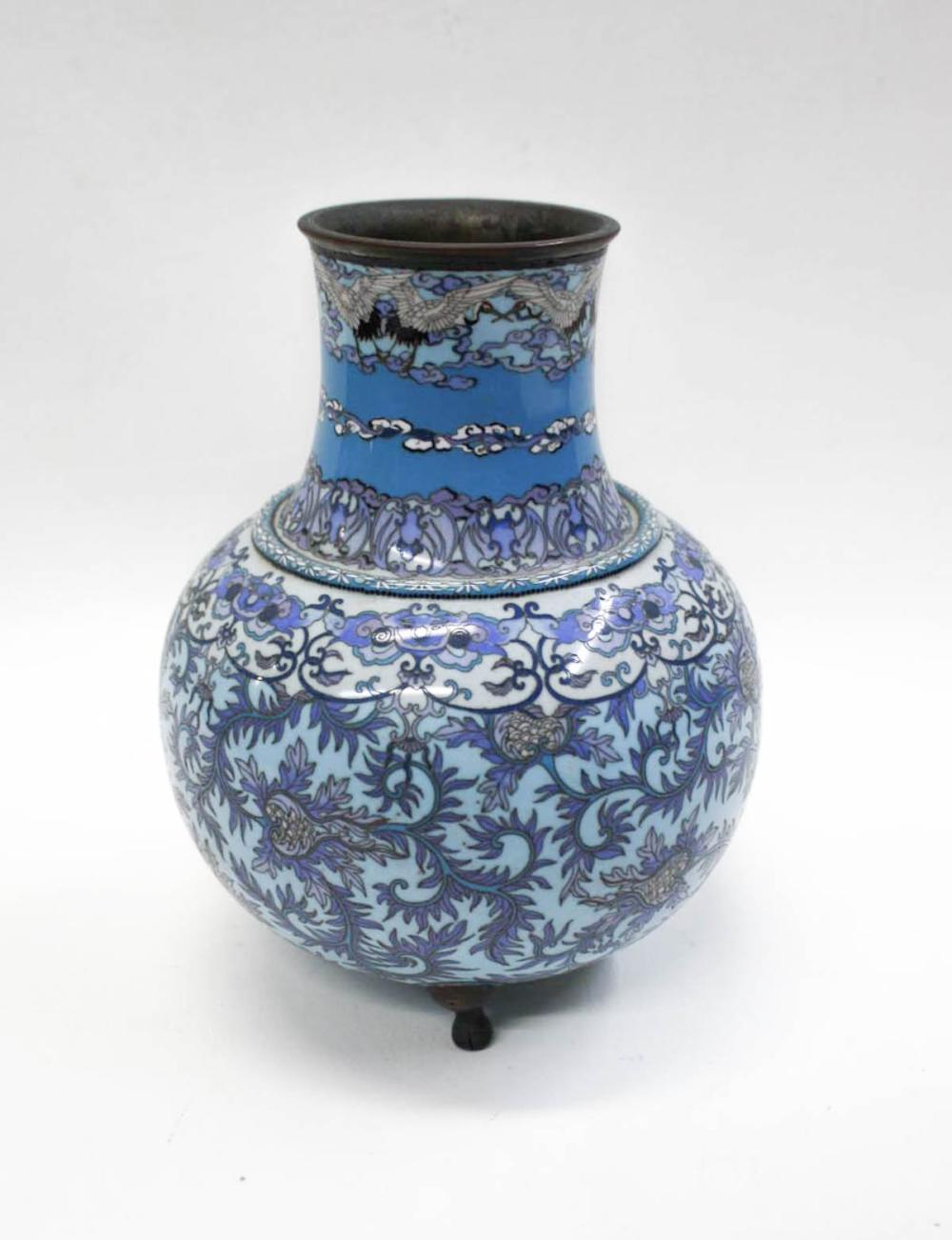 Appraisal: JAPANESE CLOISONNE TRI-FOOTED VASE the bulbous body featuring scrolling motif