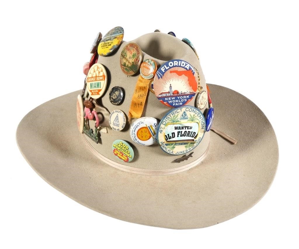 Appraisal: COLLECTION OF OLD FLORIDA PINBACKS ON STETSON HATThis cowboy hat