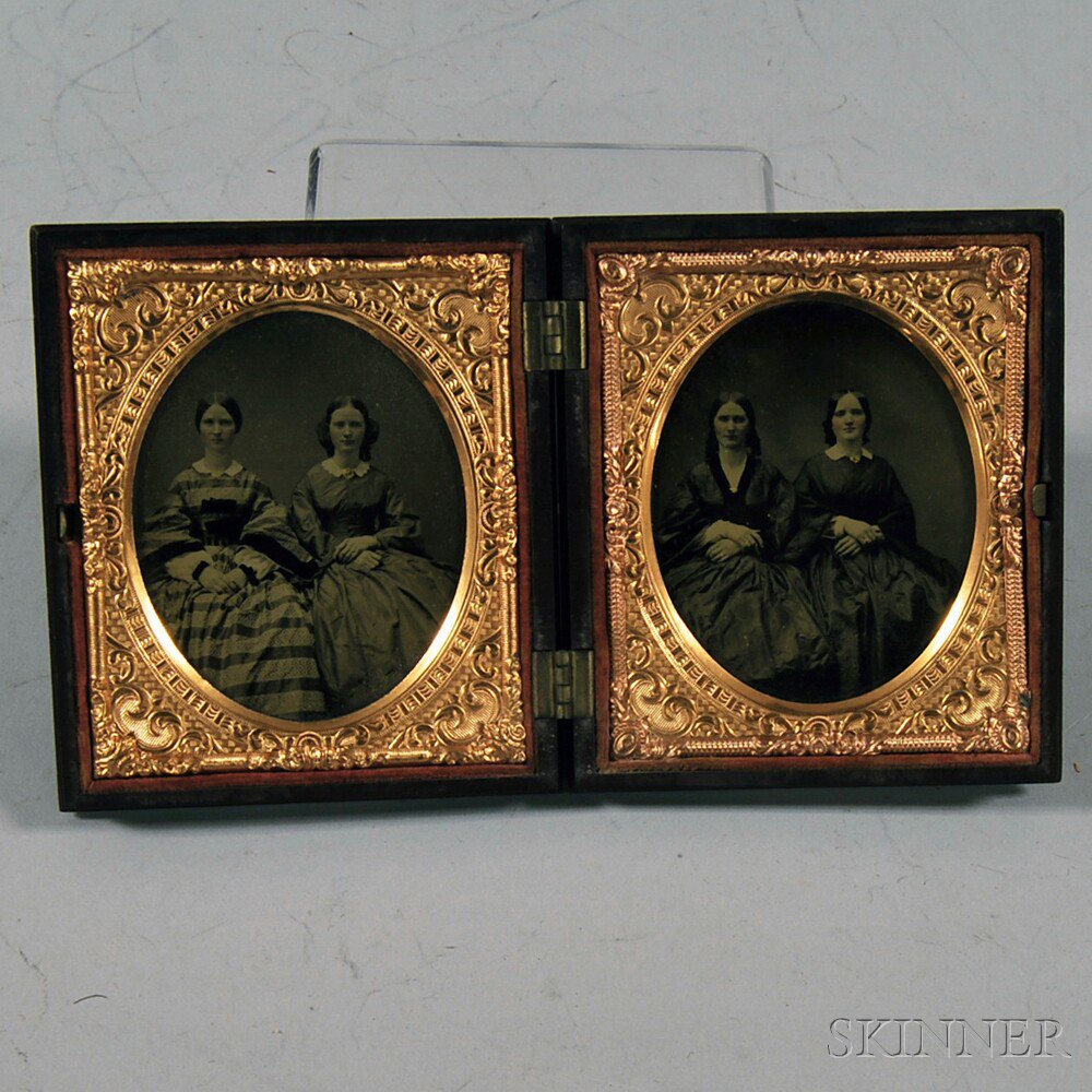 Appraisal: Two Sixth-plate Ambrotype Portraits Depicting Four Sisters with tinted cheeks