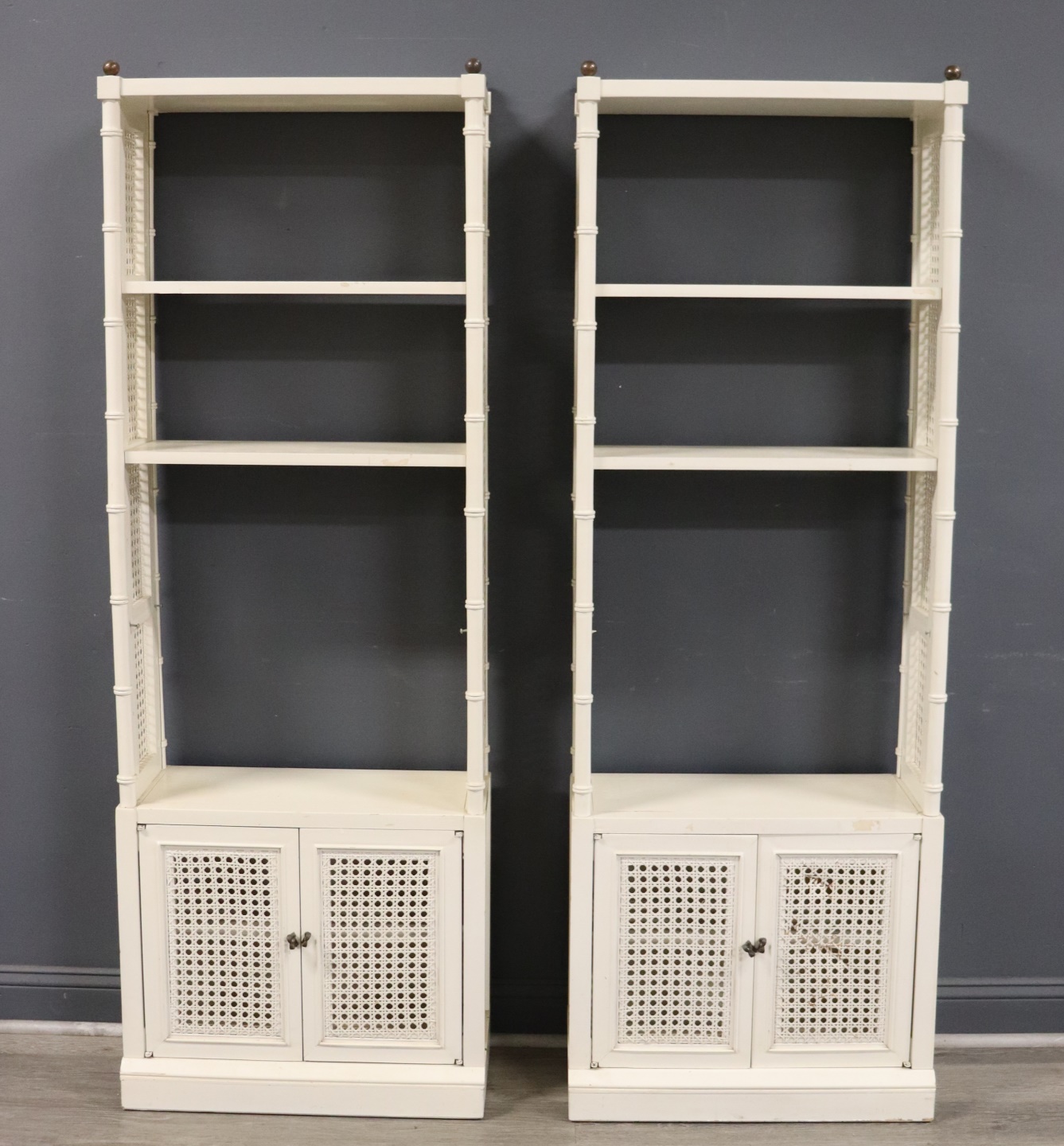 Appraisal: A Midcentury Pair of Bamboo Form Etagere Cabinets Very decorative