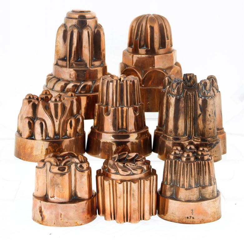 Appraisal: EIGHT VICTORIAN COPPER CULINARY MOULDS the largest cm h one