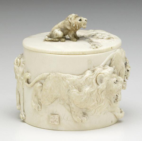 Appraisal: Figural ivory box th th C probably Japanese Exterior decorated