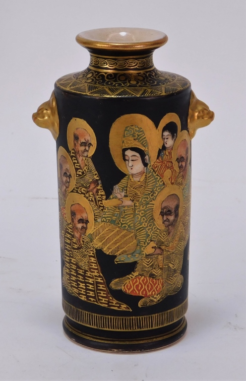 Appraisal: JAPANESE MEIJI GILT BLACK SATSUMA DIMINUTIVE VASE Japan Meiji PeriodCylindrical