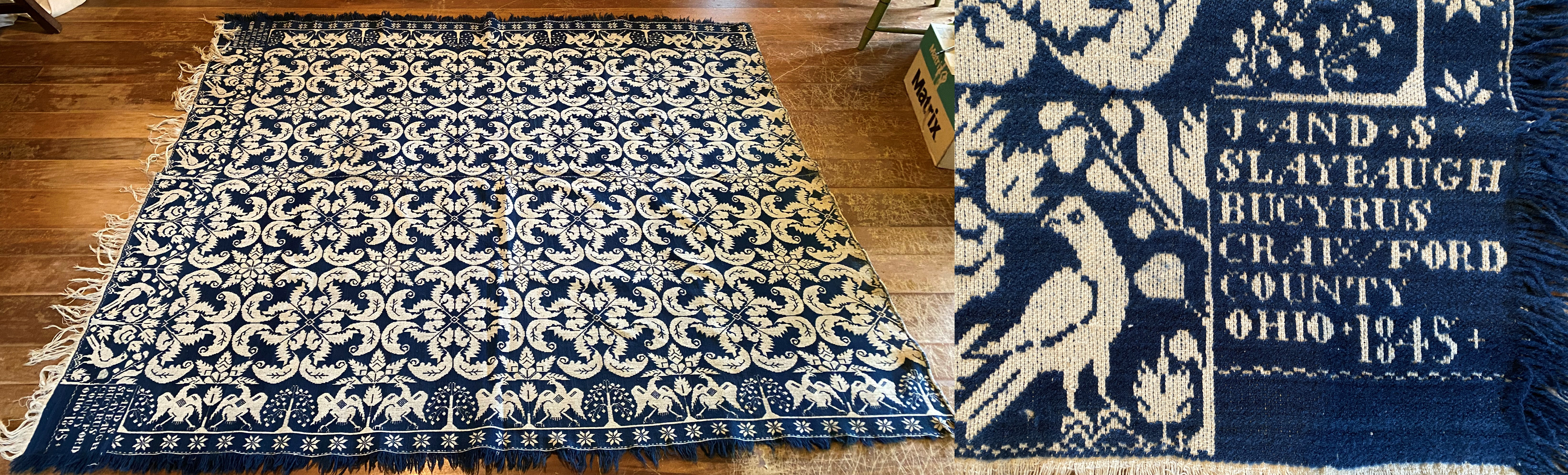 Appraisal: Jacquard coverlet pc in blue and natural block reads J