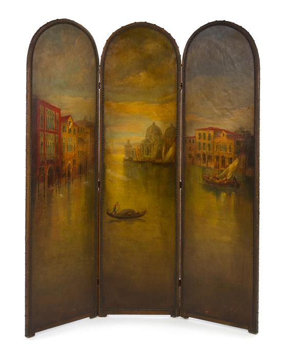 Appraisal: Sale Lot A Painted Leather Three-Panel Floor Screen late th